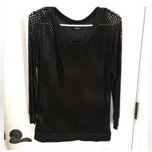 Bebe Black Mesh 3/4 Sleeve Crewneck Loose Sweater Top XS NWT